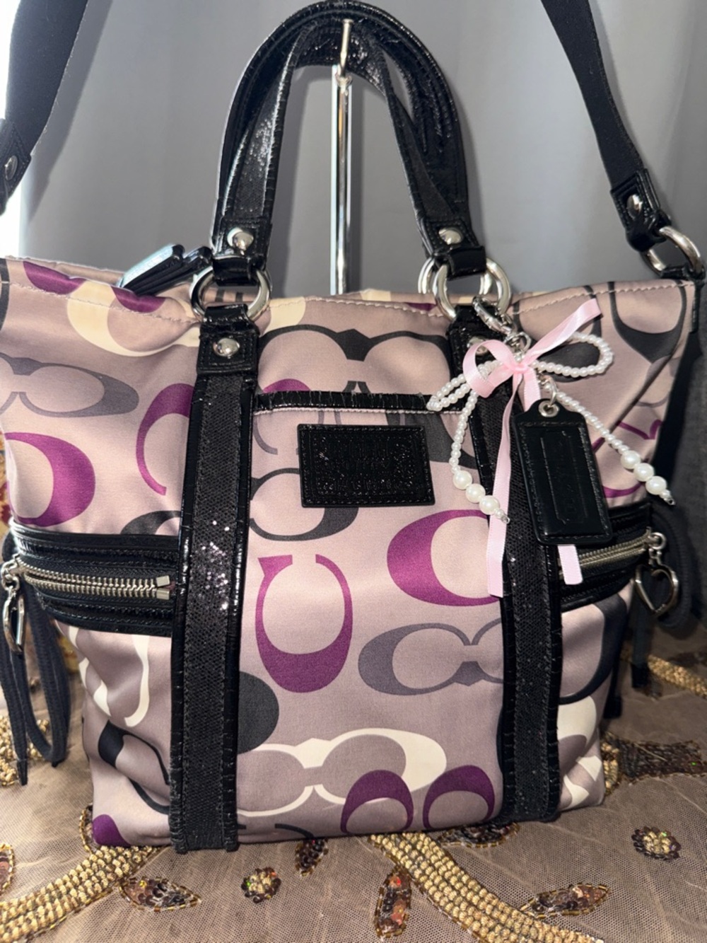 Coach POPPY Purple Monogram Tote with Black Patent Trim